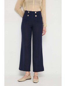 Luisa Spagnoli pantaloni de bumbac culoarea albastru marin, drept, high waist