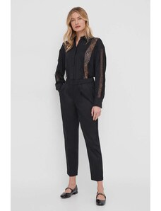 Sisley pantaloni femei, culoarea negru, fason tigareta, high waist