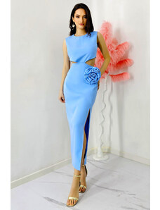 FashionForYou Rochie decupata Florys, croi lung cu slit si detaliu floral detasabil, Bleu, Marime M/L