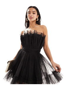 Lace & Beads Petite bandeau tulle mini dress in black