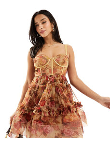 Lace & Beads Petite babydoll mini dress in golden rose floral-Pink