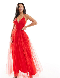Lace & Beads Petite cross back tulle maxi dress in red