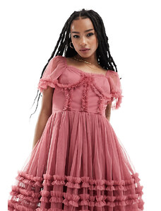 Lace & Beads Petite Lace and Beads Petite ruffle corset mini dress in dusky pink