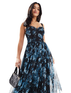 Lace & Beads Petite corset midi dress in blue floral