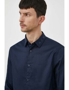 Armani Exchange camasa din bumbac barbati, culoarea albastru marin, cu guler clasic, regular