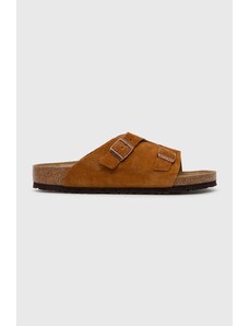 Birkenstock papuci din piele Zürich barbati, culoarea maro, 1023842