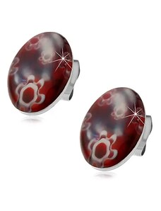 Bijuterii Eshop - Cercei din oțel chirurgical - oval roșu-închis cu flori albe, șuruburi X03.17