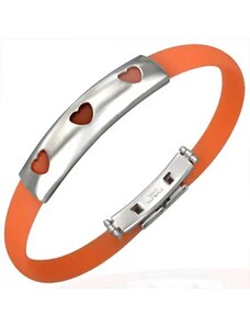 Bijuterii Eshop - Brățară de cauciuc în culoare portocalie - placă de oțel cu trei inimioare decupate Z3.12