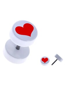 Bijuterii Eshop - Plug fals din acrilic alb, rotund - o inimă roşie, simetrică PC31.16