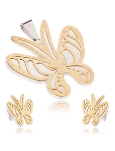 Bijuterii Eshop - Set auriu cu argintiu din oțel, pandantiv și cercei, fluture sablat S45.31