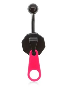 Bijuterii Eshop - Inel negru pentru buric realizat din oțel inoxidabil, fermoar cu o cheiță roz neon S58.07