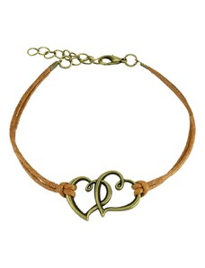 Bijuterii Eshop - Brățară din șnur maro, două contururi de inimi asimetrice de culoarea bronzului SP52.11