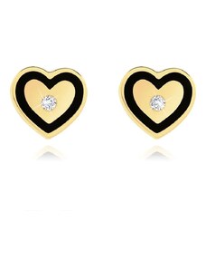 Bijuterii Eshop - Cercei din aur 585 - inimă simetrică, zirconiu mic, contur de inimă din vopsea neagră GG87.12