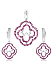 Bijuterii Eshop - Set cercei și pandantiv, argint 925, contur flori, zirconii transparente și roz SP94.01