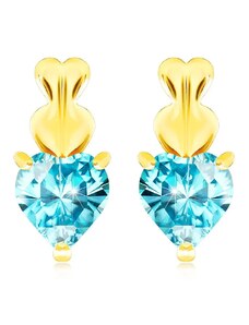 Bijuterii Eshop - Cercei din aur 375 - două inimioare cu o inimă albastră din topaz S2GG63.04