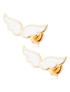 Bijuterii Eshop - Cercei din aur 375 - aripi de înger împodobiți cu email alb, tije cu șurub S2GG66.14