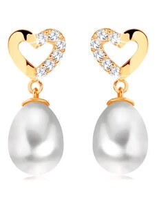 Bijuterii Eshop - Cercei din aur galben 14K - contur inimă cu diamante, perlă ovală BT503.45