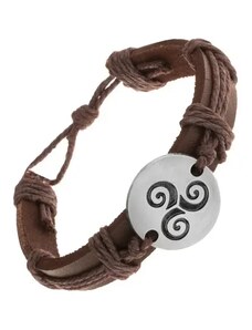 Bijuterii Eshop - Brăţară maro realizată din piele sintetică şi şnururi, cerc cu spirală tribală neagră Z17.05