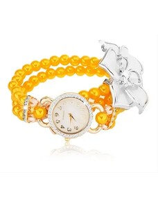 Bijuterii Eshop - Ceas cu brațară galbenă din mărgele, floare albă, cadran cu zirconii Z09.02
