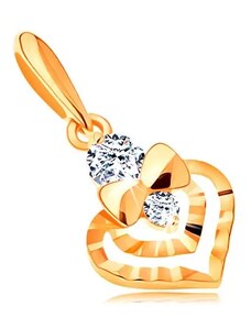 Bijuterii Eshop - Pandantiv din aur de 14K - contur inimă dublă cu suprafaţă lucioasă, fundiţă şi zirconii GG121.01