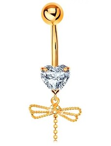 Bijuterii Eshop - Piercing pentru buric din aur 375 - inimă transparentă, pandantiv libelulă cu coadă mobilă S2GG183.31