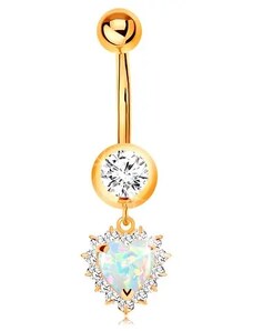 Bijuterii Eshop - Piercing pentru buric din aur 14K - zirconiu rotund în montură, inimă din opal cu margine transparentă S3GG184.42