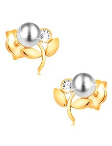 Bijuterii Eshop - Cercei din aur galben 14K - floare cu perlă albă și zirconiu transparent S1GG16.07