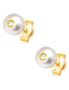 Bijuterii Eshop - Cercei din aur de 14K- perlă albă, rotundă cu zirconiu transparent, încorporat, 5 mm S1GG32.14