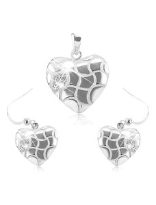 Bijuterii Eshop - Set format din cercei și pandantiv din argint 925, inimă rotunjită decorate cu crestături și zirconii SP85.06