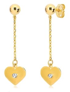 Bijuterii Eshop - Cercei din aur galben de 14K - inimă plată prinsă pe lanț, zirconiu GG20.39