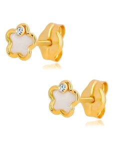 Bijuterii Eshop - Cercei din aur galben de 14K - floare cu perle naturale și zirconiu GG36.15