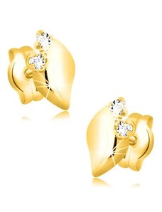 Bijuterii Eshop - Cercei din aur galben de 14K - frunză strălucitoare cu două zirconii transparente GG22.24