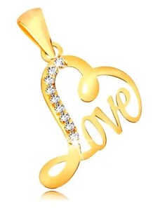 Bijuterii Eshop - Pandantiv lucios din aur galben 9K - contur de inimă și inscripția "Love", zirconii transparente S1GG55.46