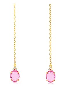 Bijuterii Eshop - Cercei din aur 375 - zirconiu oval de culoare roz, trei zirconii transparente, lanț S1GG158.28