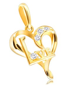 Bijuterii Eshop - Pandantiv din aur galben 14K - inimă asimetrică cu zirconii și scris „Love” S2GG224.22