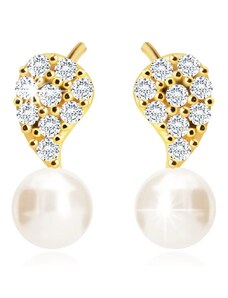Bijuterii Eshop - Cercei din aur 375 - o frunză cu zirconii transparente și o perlă albă S2GG227.19