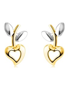 Bijuterii Eshop - Cercei din aur combinat de 14K - inimă cu decupaj, tulpină cu frunze, închidere de tip fluturaș S1GG45.33