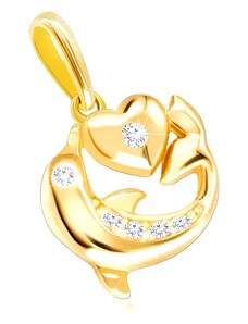 Bijuterii Eshop - Pandantiv din aur galben 585 - delfin cu aripioară, inimă netedă, diamante strălucitoare clare S3BT506.12