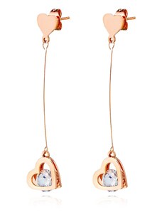 Bijuterii Eshop - Cercei din oțel atârnați - inimă dublată pe o frânghie cu zircon rotund clar, știfturi S80.04