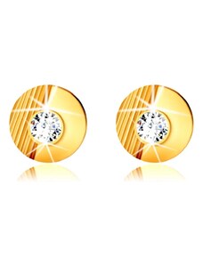 Bijuterii Eshop - Cercei din aur de 9K - cerc cu crestături, semicerc neted, încrustat cu un zircon rotund, tortițe cu șurub S4GG243.81