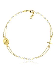 Bijuterii Eshop - Brățară din aur galben 585 - medalion cu Fecioara Maria, cruce, perle sintetice S5GG254.07