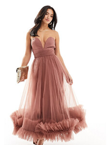 Lace & Beads Petite corset tulle ruffle hem midaxi dress in rose brown