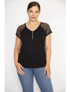 Şans Women's Black Plus Size Cotton Fabric Front Placket Zippered Sleeves Lace Blouse