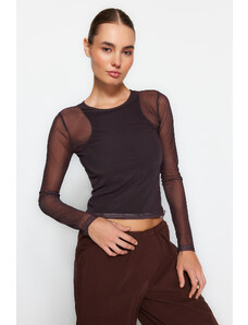 Trendyol Brown Tulle Fitted/Simple Knitted Blouse with Linen