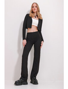 Trend Alaçatı Stili Women's Black Lycra Knitted Crop Cardigan And Palazzo Pants Suit