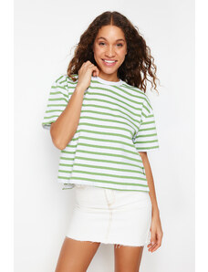 Trendyol Green Striped 100% Cotton Asymmetric Loose/Comfort Fit Knitted T-Shirt