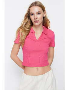Trendyol Fuchsia Fitted Crop Polo Neck Ribbed Stretch Knitted Blouse