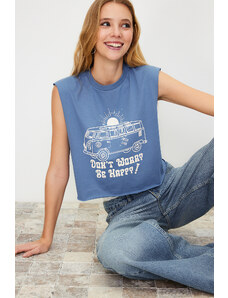 Trendyol Indigo 100% Cotton Printed Sleeveless Crop Crew Neck Knitted T-Shirt