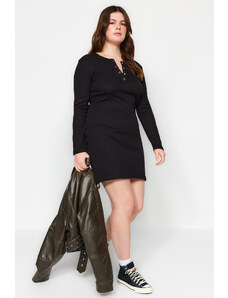 Trendyol Curve Black Collar Snap-On Ribbed Knitted Dress