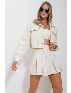 Trend Alaçatı Stili Women's Cream Troll Herringbone Patterned Gabardine Crop Jacket